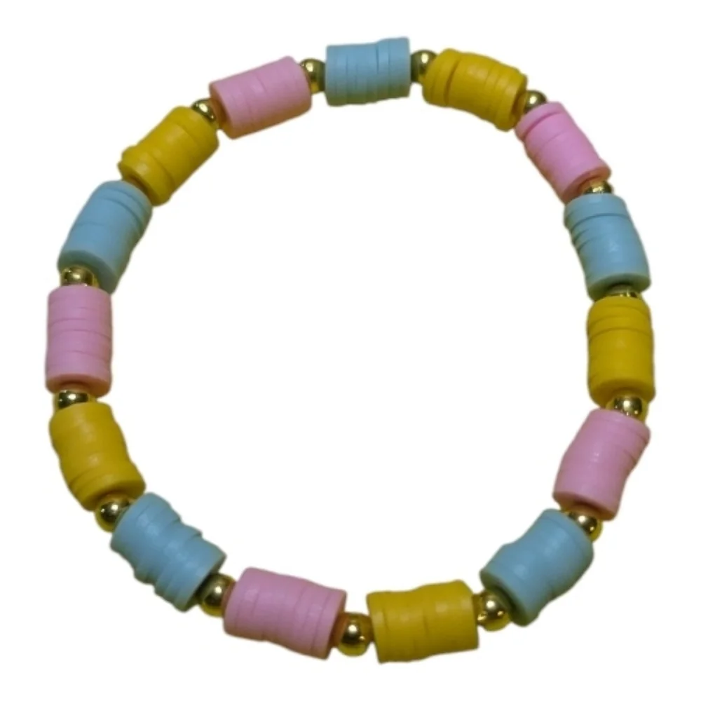 Handmade Beaded Bracelet O/S Stretchy Pink Clay Beads Hand Crafted NEW